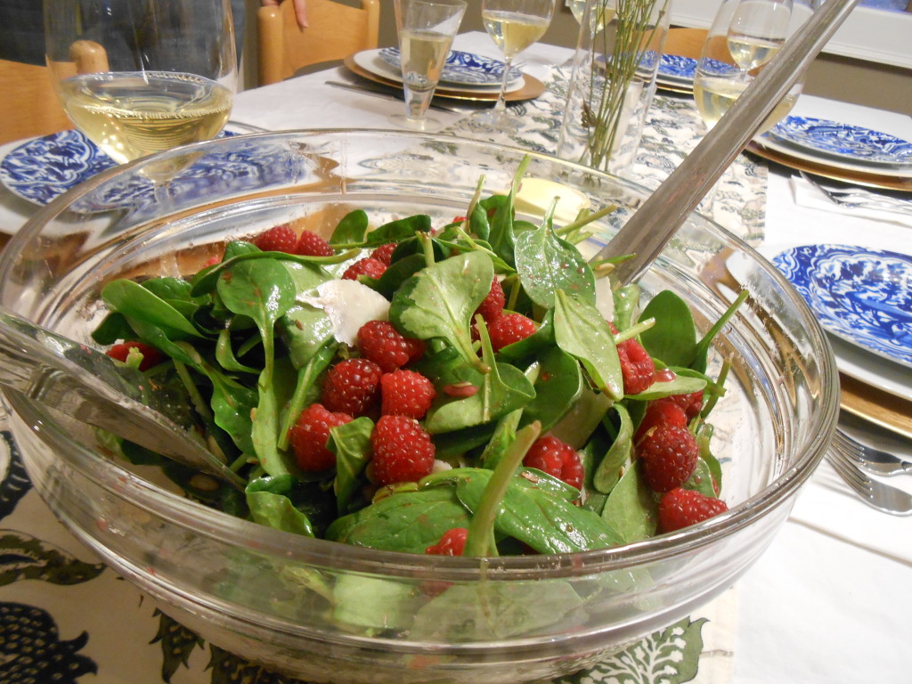 Pickled blackberry and raspberry salad with toasted almonds, parmesan shavings,  and fresh raspberries. SO GOOD.
